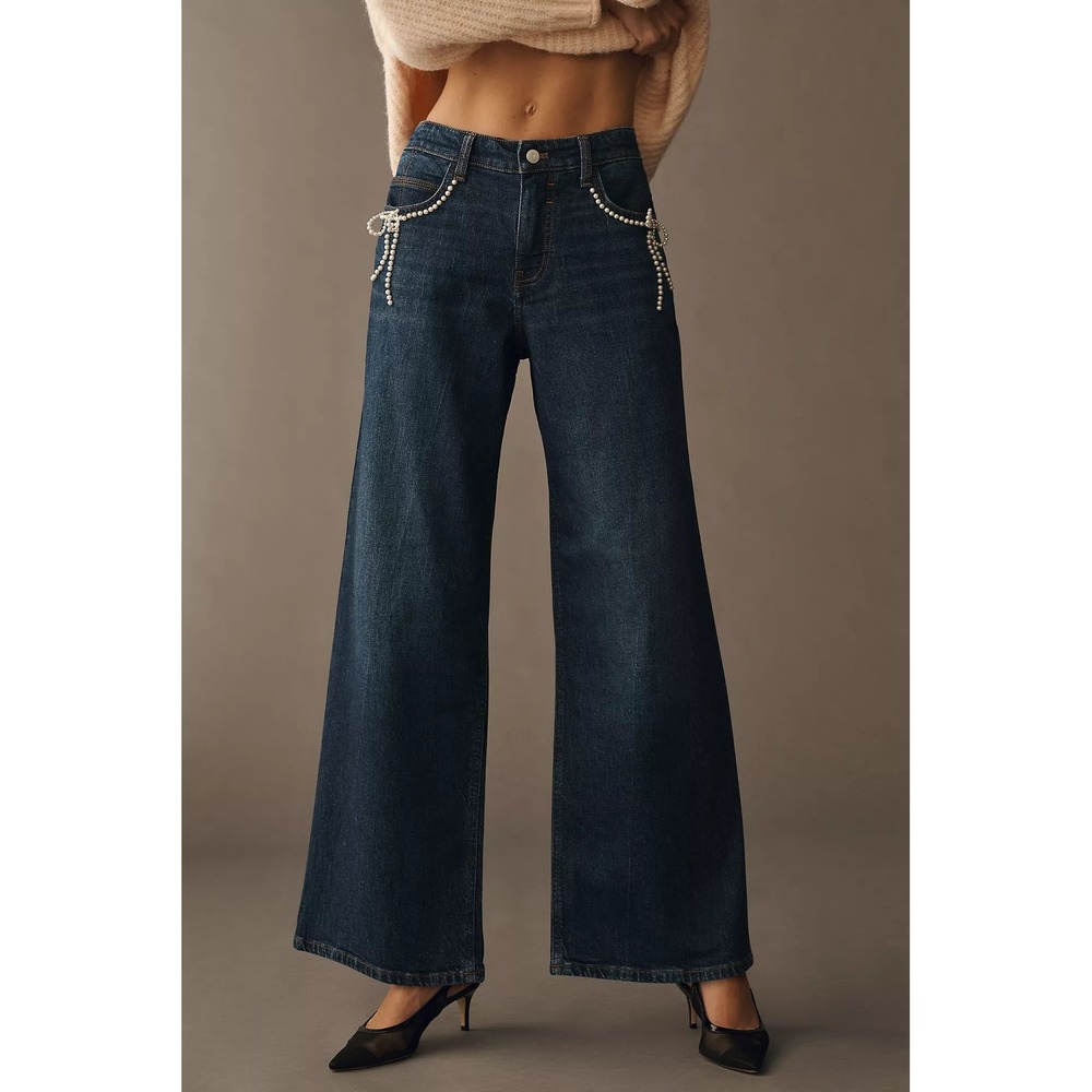 Pilcro Anthropologie Pearl Bow Embellished Wide Leg Low Rise Jeans Dark Wash 29 - Picture 2 of 9